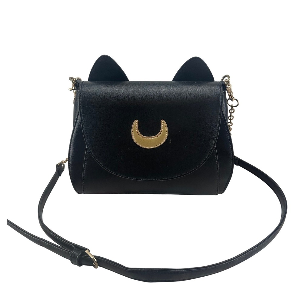 Black Cat Ear Crescent Moon Crossbody Bag Gold Hardware Anime Style Purse